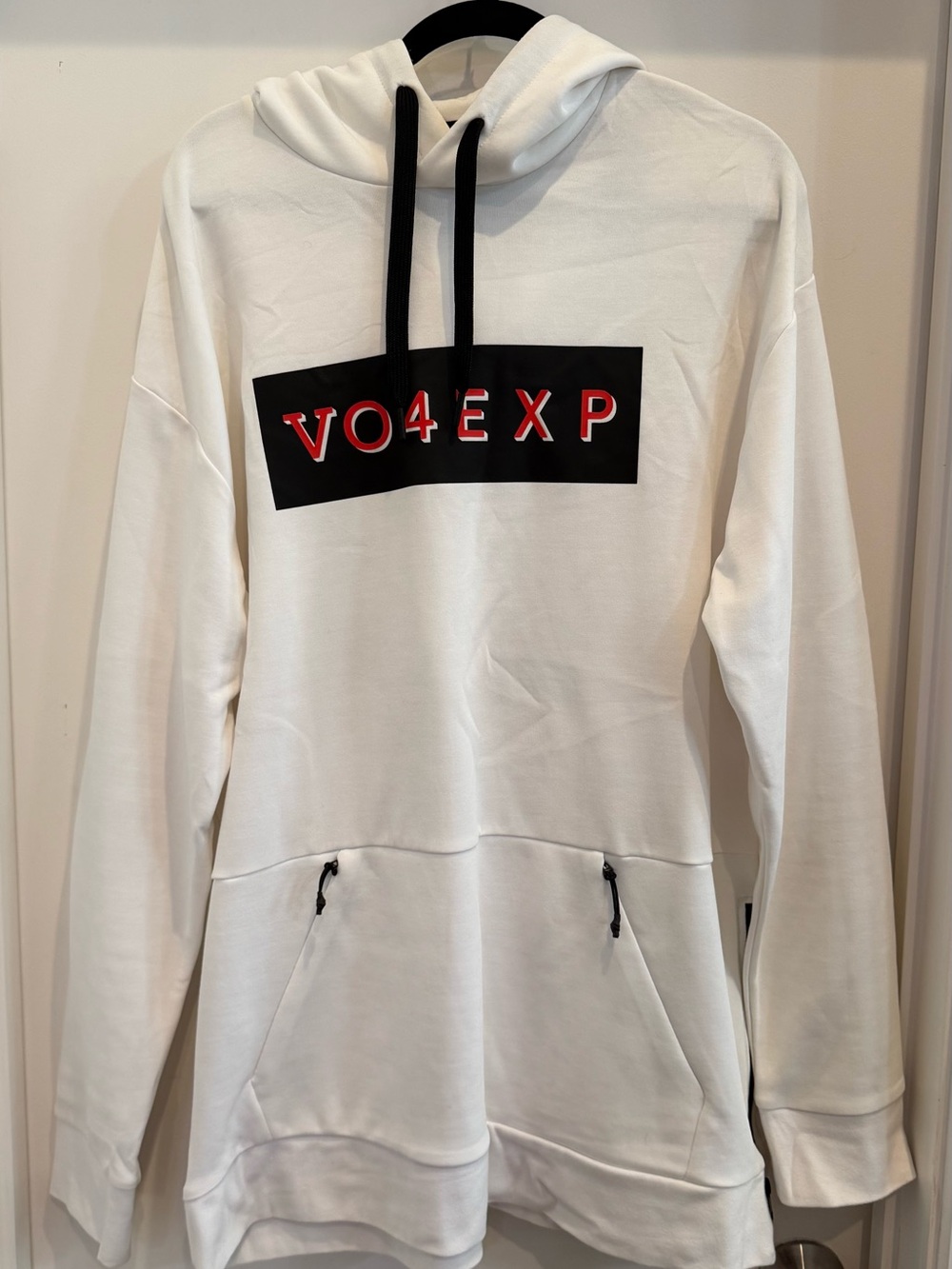 Express White Hoodie with Black Chest Panel and Red Lettering